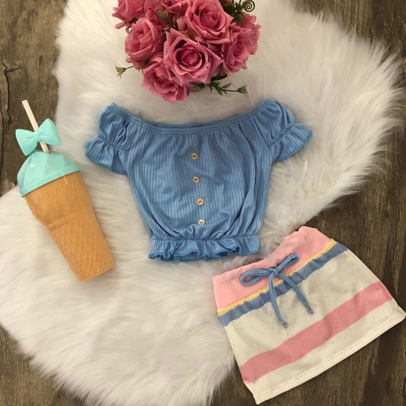 Новый Модный комплект одежды для маленьких девочек, летние топы с открытыми плечами + юбка в полоску комплект из 2 предметов Детский костюм в европейском стиле