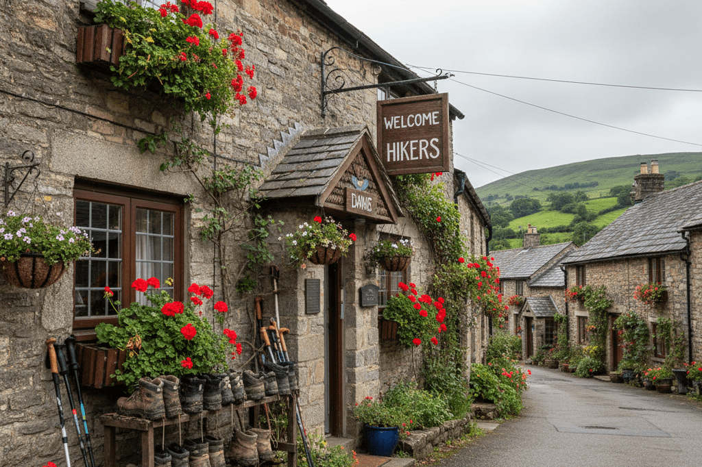Rustic stone bed-and-breakfast with flower boxes and hiking gear setup, warmly lit by natural daylight