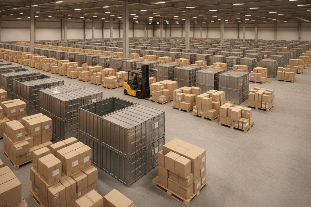 Interior view of a logistics hub with organized pallets and equipment under ambient artificial lighting, reflecting strategic coordination