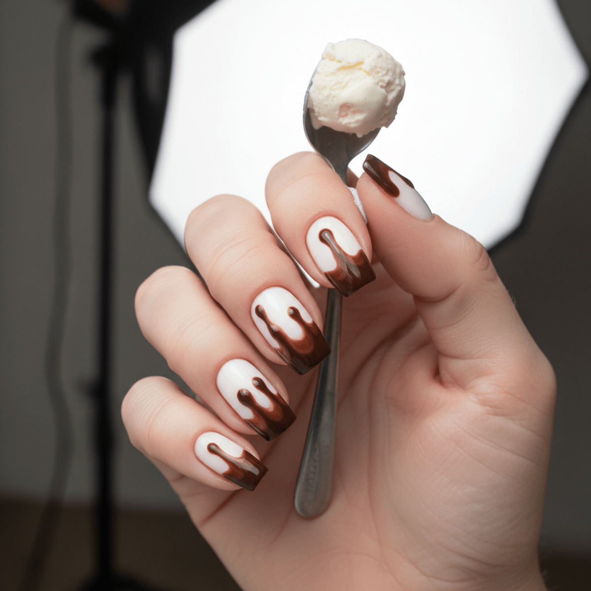 Hand with glossy chocolate drip ice cream manicure on vanilla cream base.