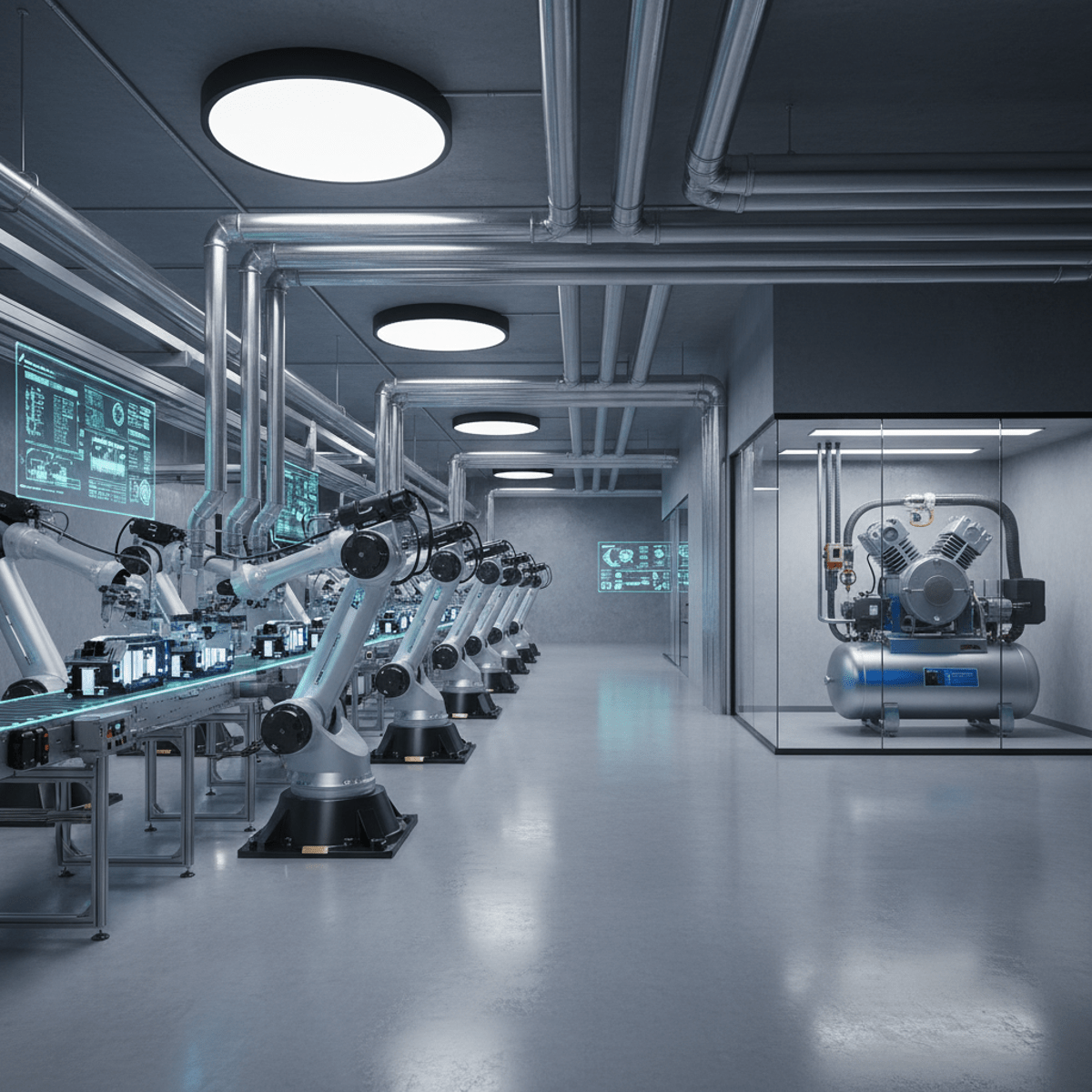 Automated factory floor with synchronized robots and overhead air pipes in 2026.
