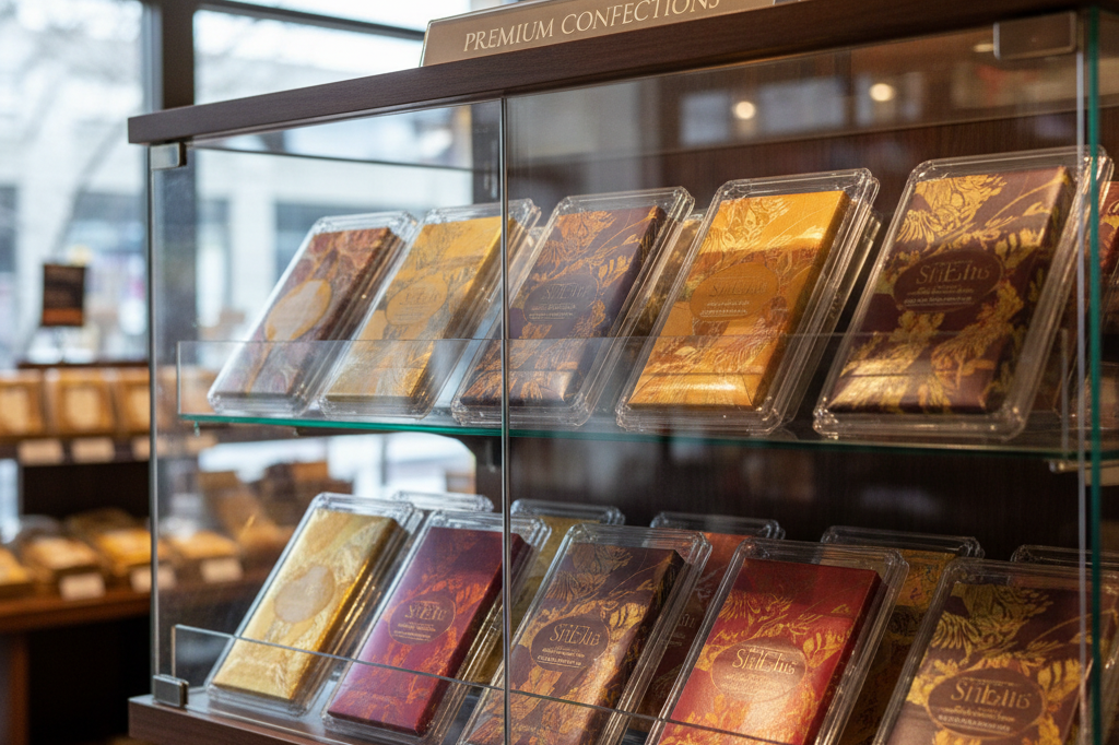Retail shelf showcasing secured premium chocolates under natural light, highlighting anti-theft tactics like locked cases