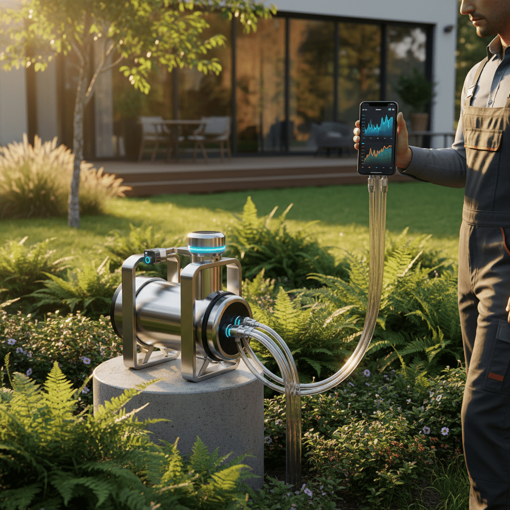 Advanced compact shallow well pump installed in a landscaped yard with smart sensors.