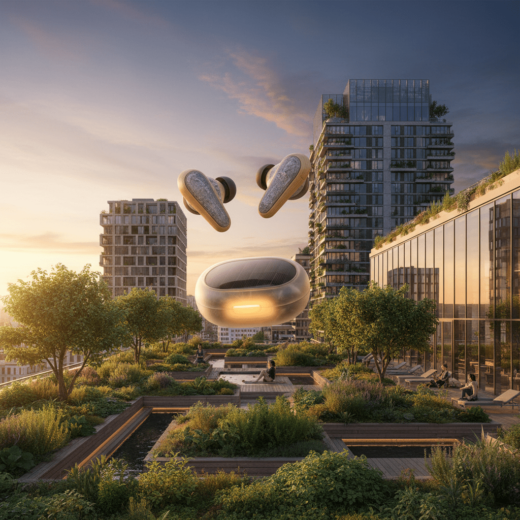 Sustainable earbuds float above a city garden at golden hour, solar case glowing.