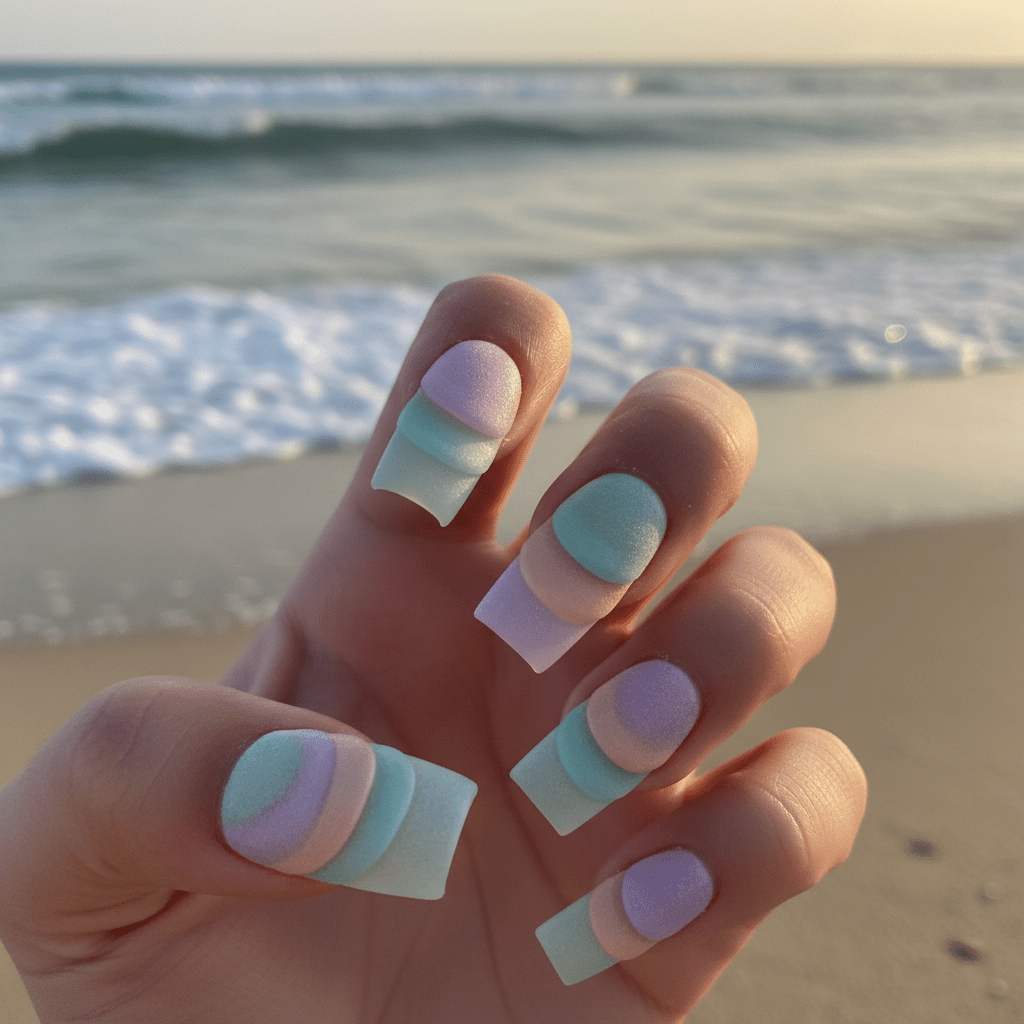 Multi-layered jelly nails in pastel aqua, lavender, and peach with frosted coating.