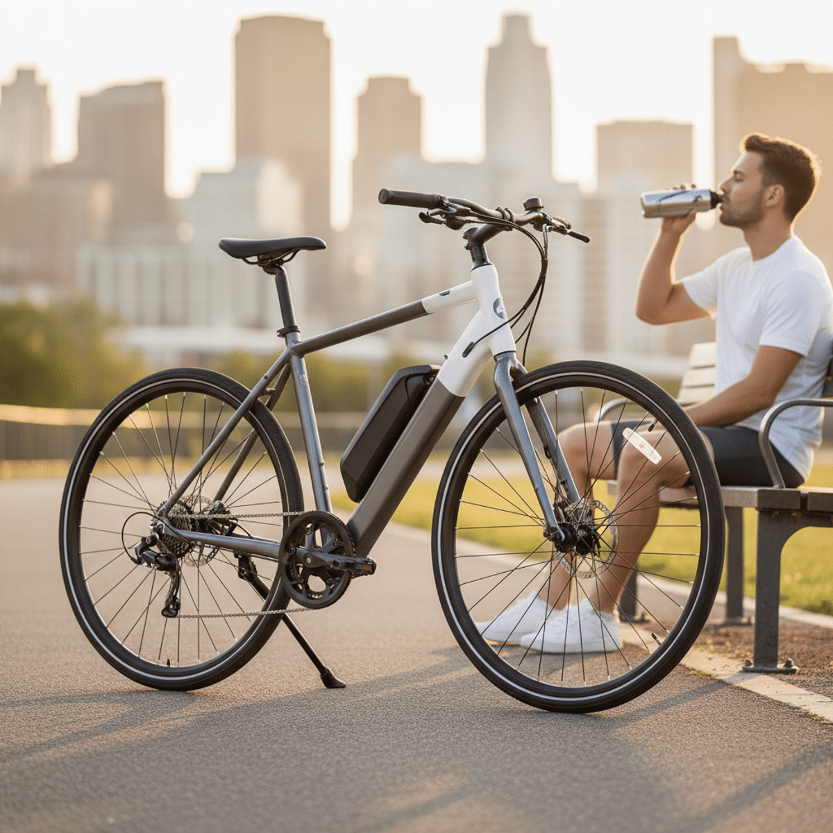 Modern lightweight hybrid e-bike with slim aluminum frame on an urban park path.