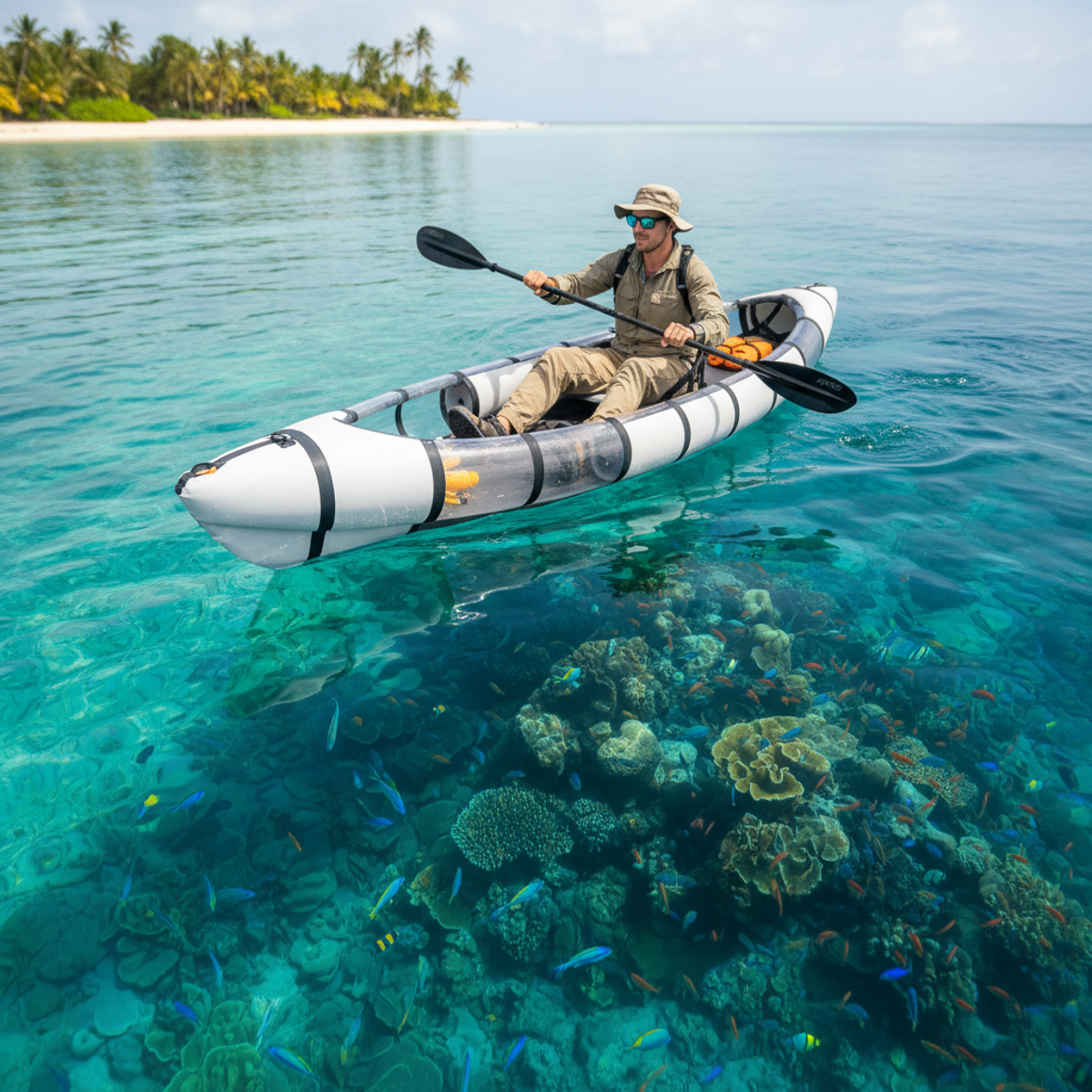 Futuristic kayak with transparent hull floats on a clear tropical lagoon with coral reefs below.