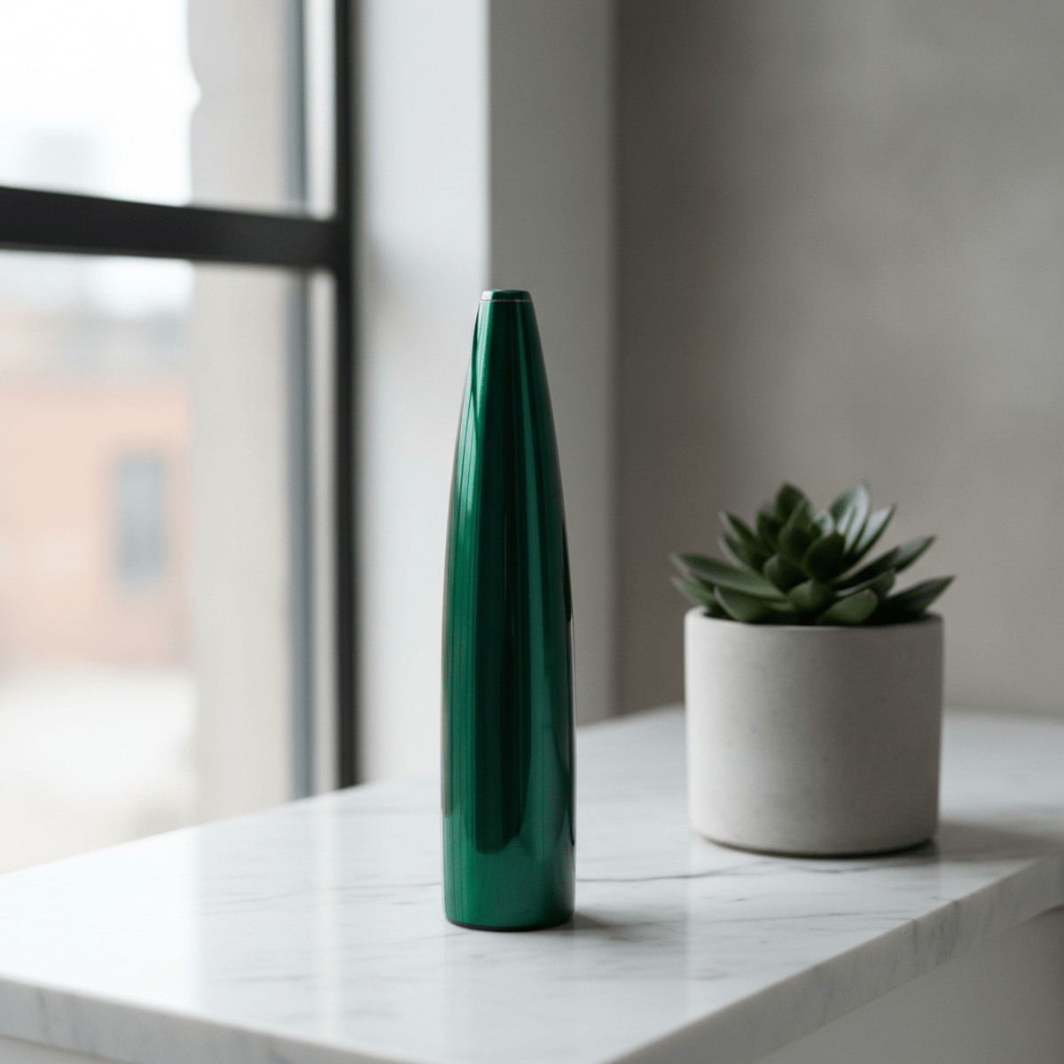 Sleek emerald green toothbrush with high-gloss finish on a marble countertop.