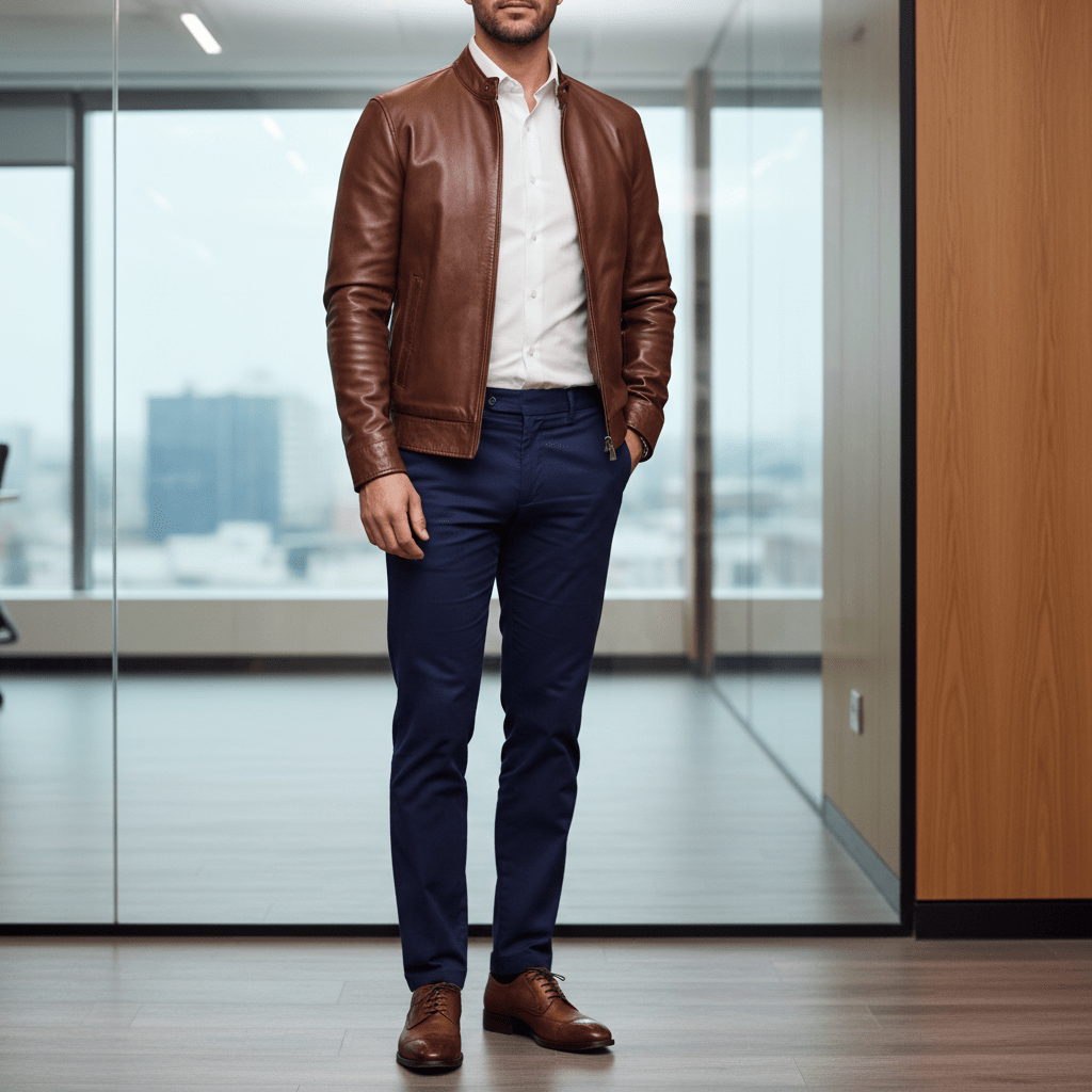 Man in brown leather bomber jacket and chinos in a modern office.