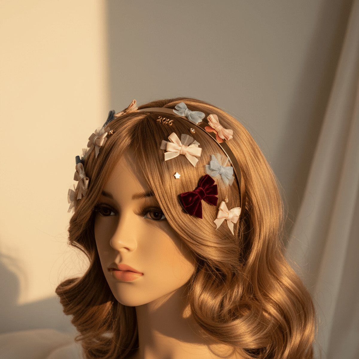 Metallic headband with miniature bows in silk, velvet, and tulle on a mannequin.