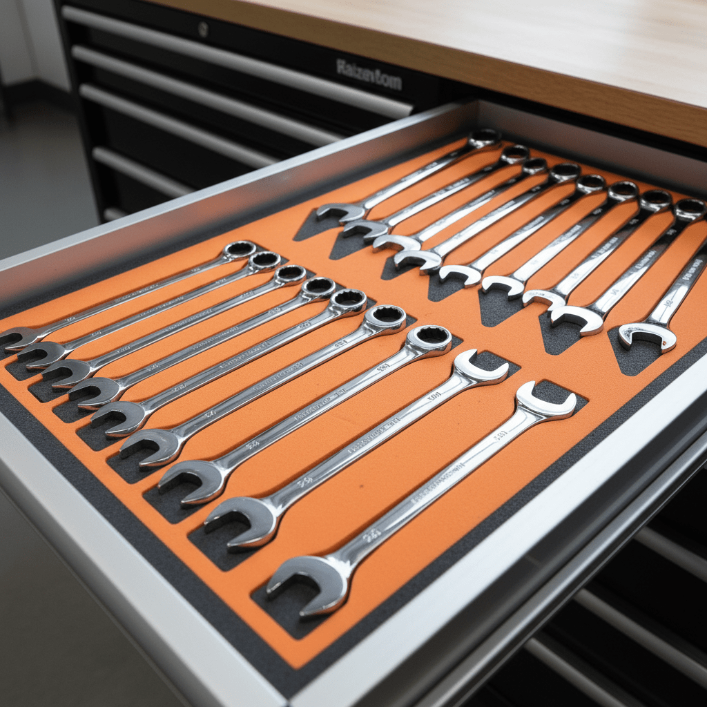 Organized tool drawer with Kaizen foam inserts and shadow board effect for maintenance.