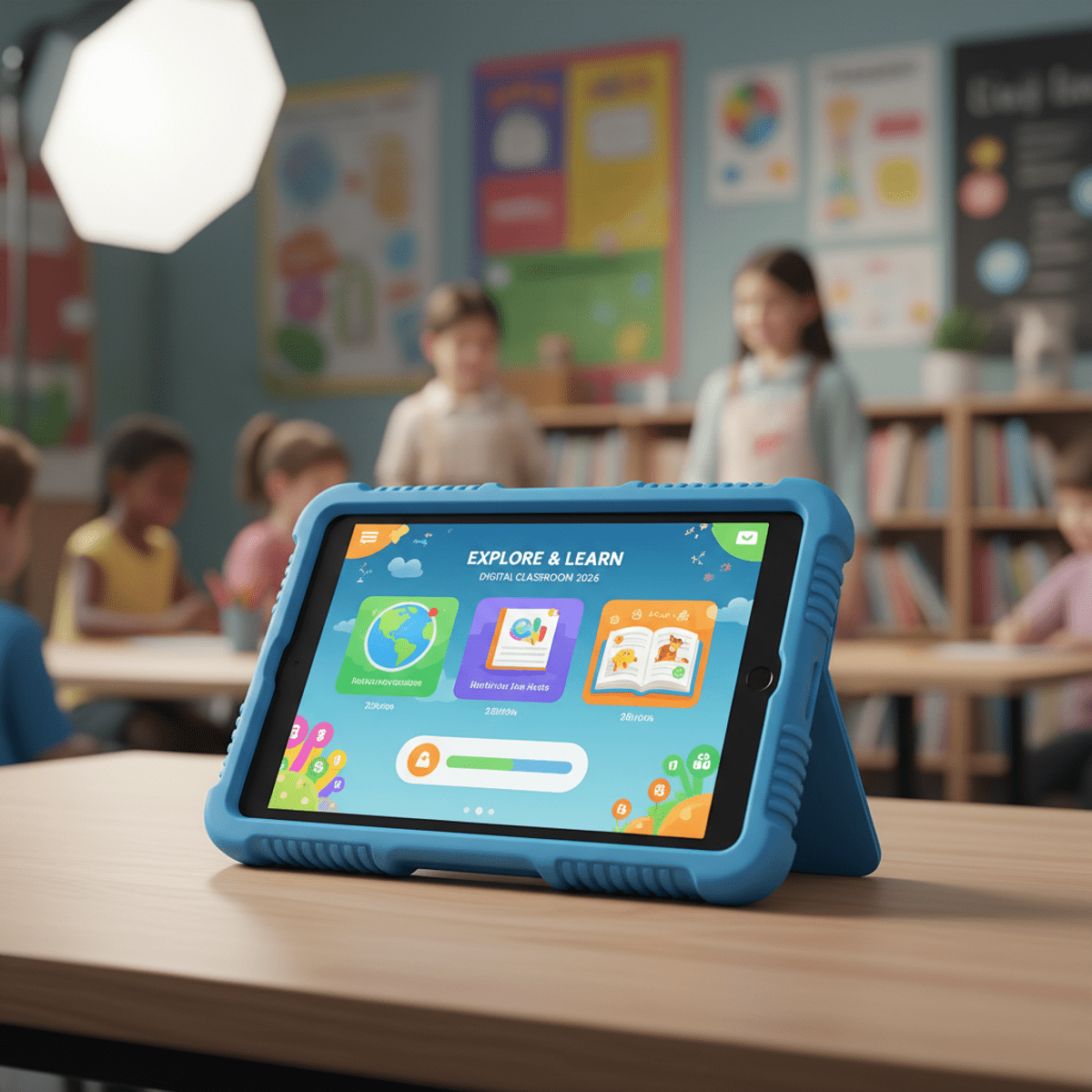 Affordable tablet with interactive learning tools on a wooden desk.