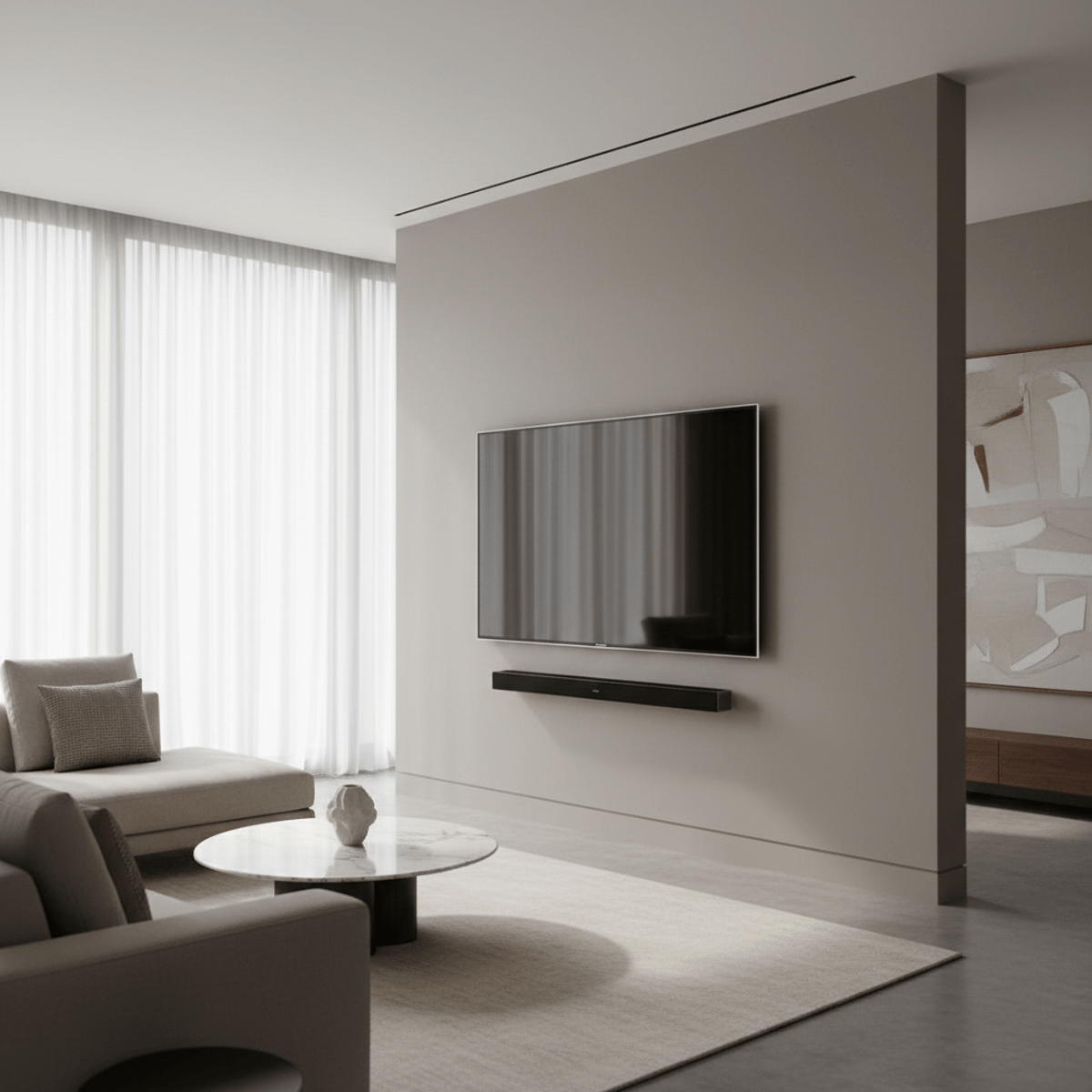 Sleek TV mounted flush on a neutral wall with an ultra-slim soundbar below.