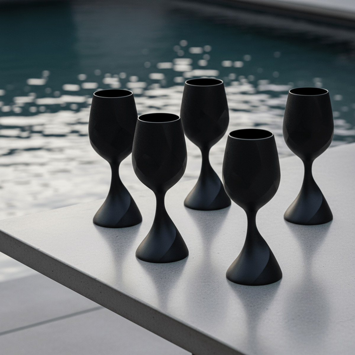 Sculptural stemless black wine glasses on a modern table by a shimmering pool.