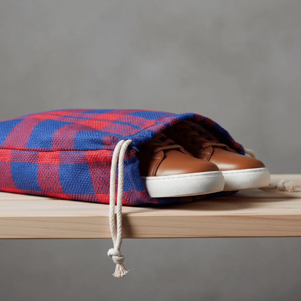 Medium shot of a red and blue plaid dust bag with leather sneakers peeking out.