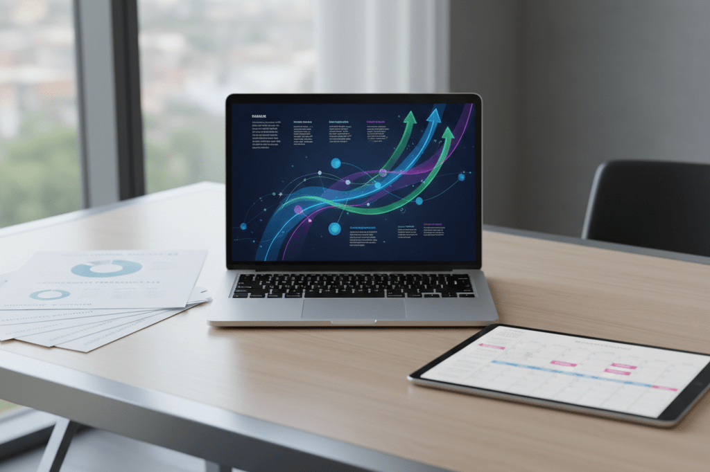Modern office desk with laptop graphs and calendars illustrating data-driven movie release strategies