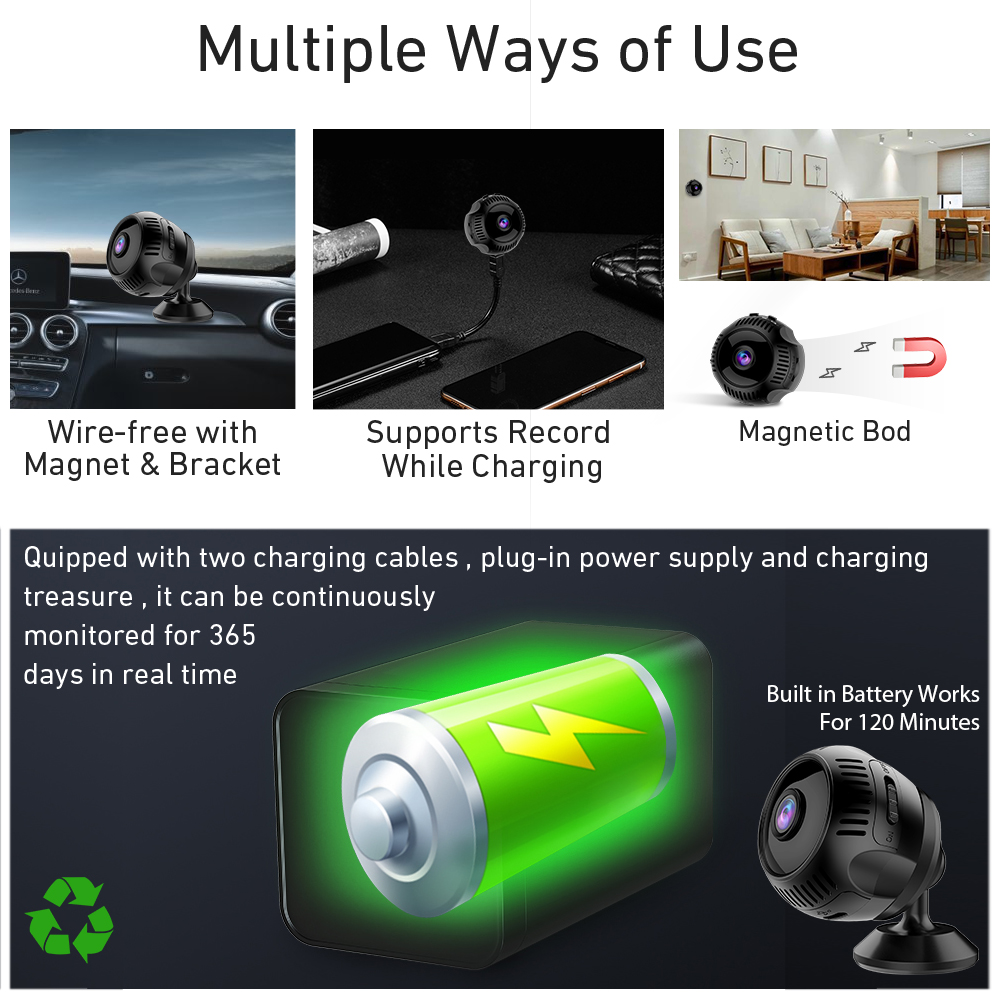 Mini Camera with Wrist Strap Wireless Hidden WiFi Security Camera 1080P Night Vision Motion Activated Indoor Outdoor Nanny Cam