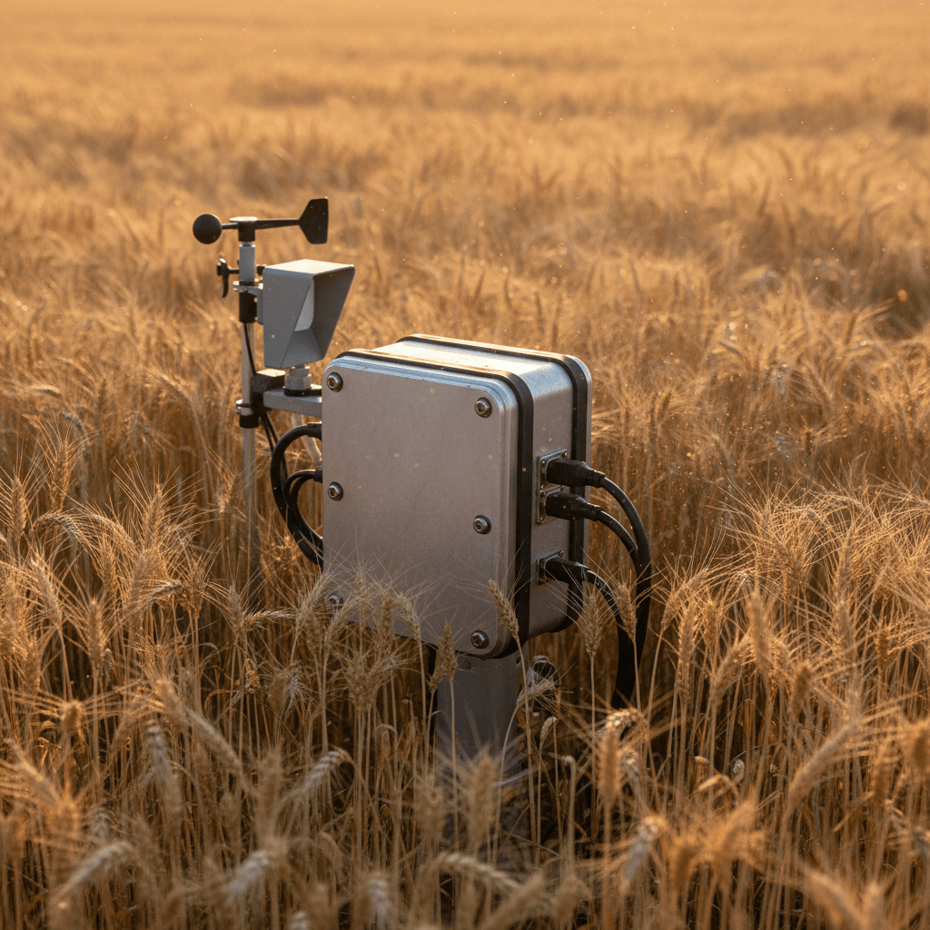 Rugged single board computer in a waterproof enclosure amidst a golden wheat field.