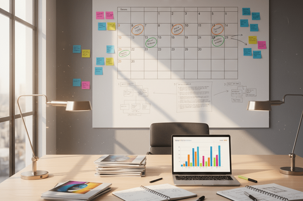 Modern office workspace with calendar highlights and marketing materials under warm natural light, symbolizing strategic release timing
