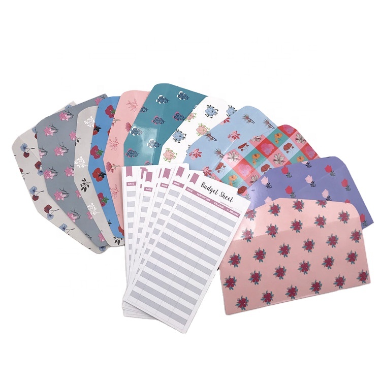 Оптовая продажа, конверты из бумаги с индивидуальным логотипом, конверты для наличных с глянцевым ламинированием, 12 бюджетных размеров