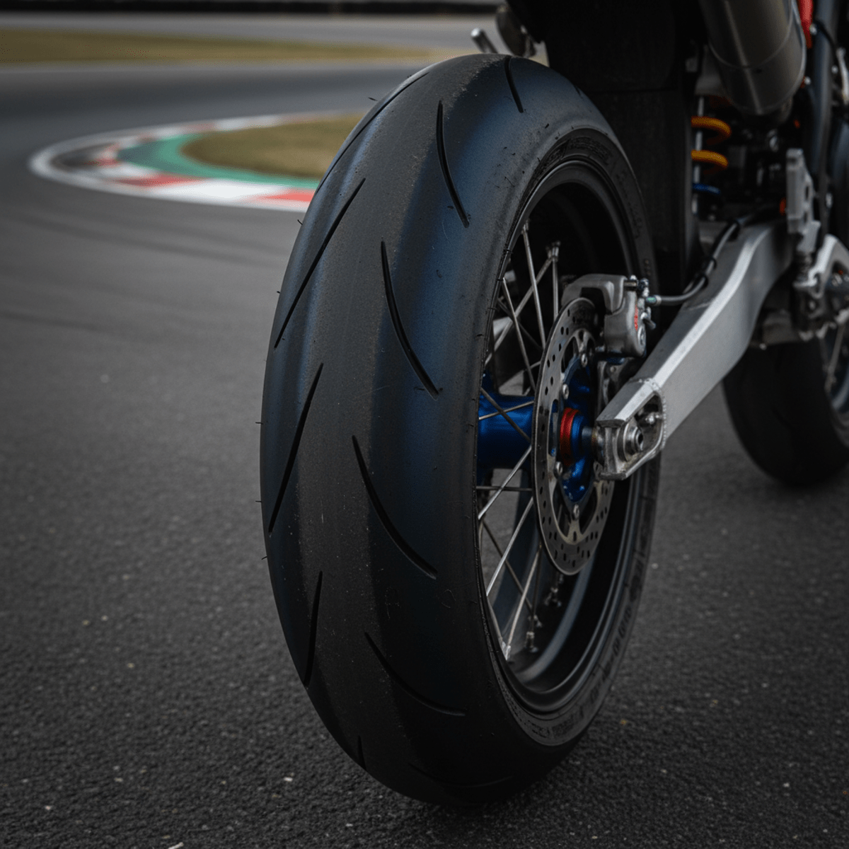 Close-up of a nearly bald supermoto tire with melted textures and blueing from intense heat.