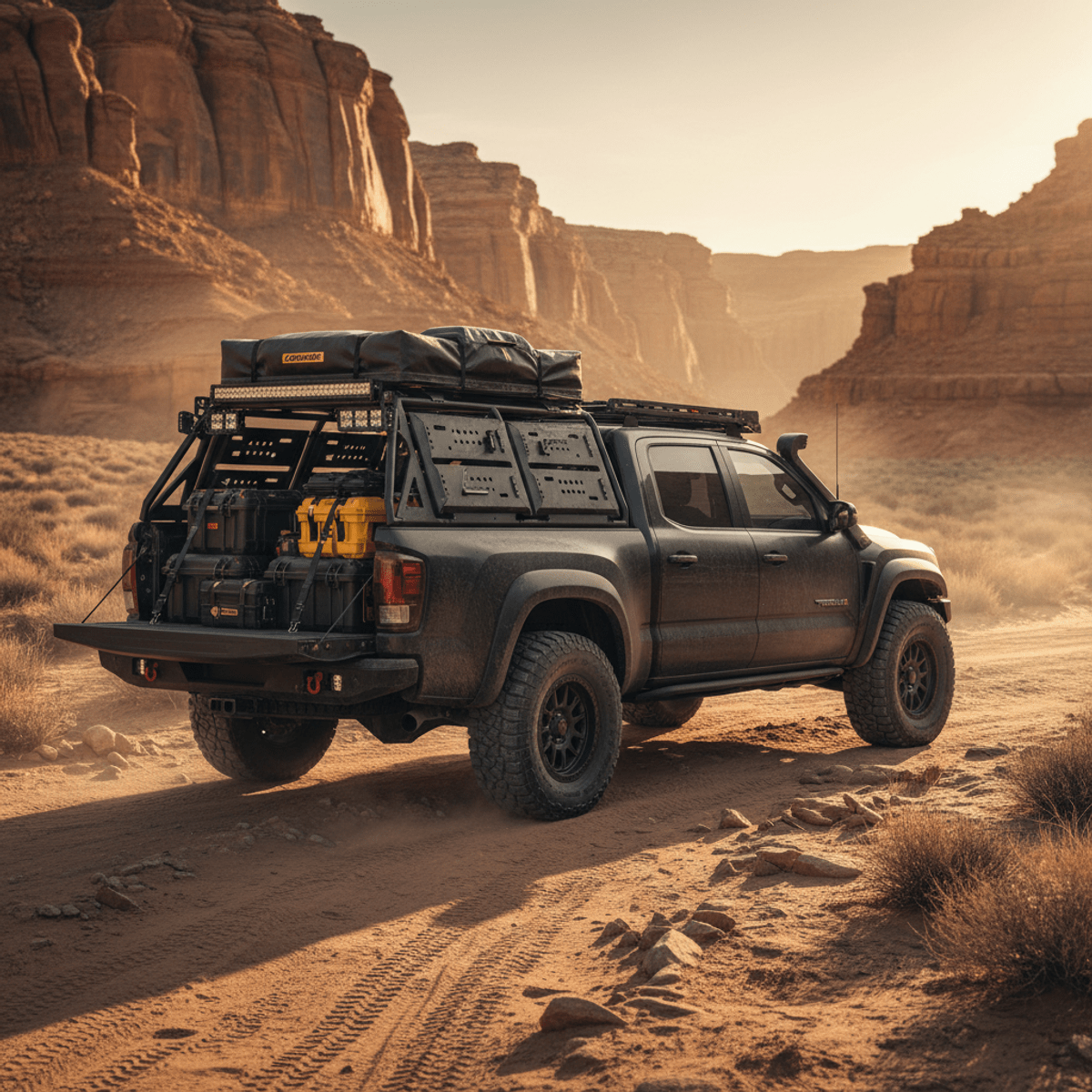 Rugged truck transformed into a mobile wilderness basecamp with rooftop tent and gear.