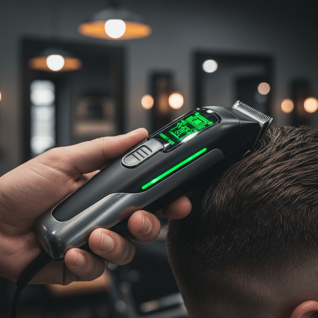 Barber's hand holding high-tech clippers during a precise fade haircut.