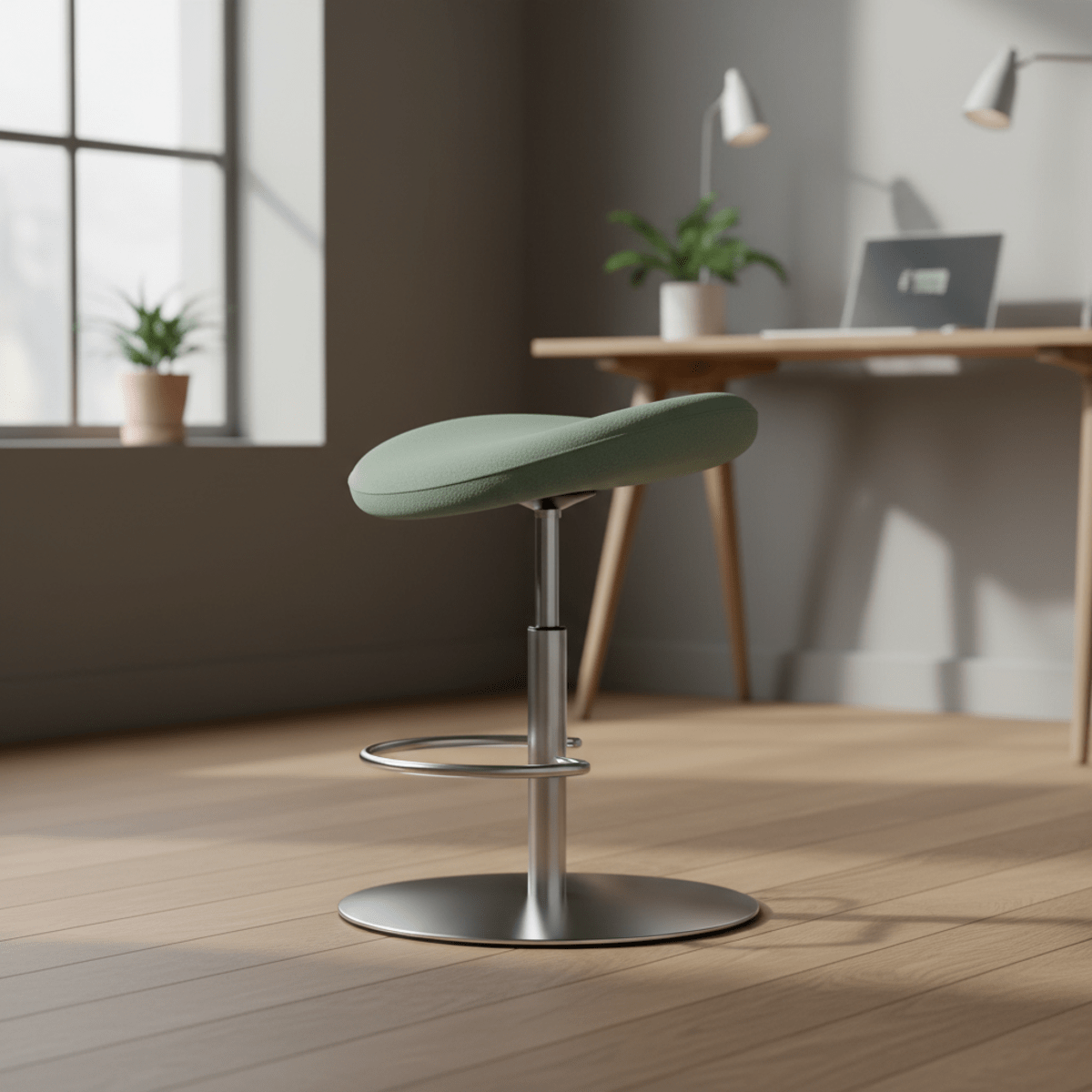 Sage wool felt perching stool with brushed chrome stem in a modern office.