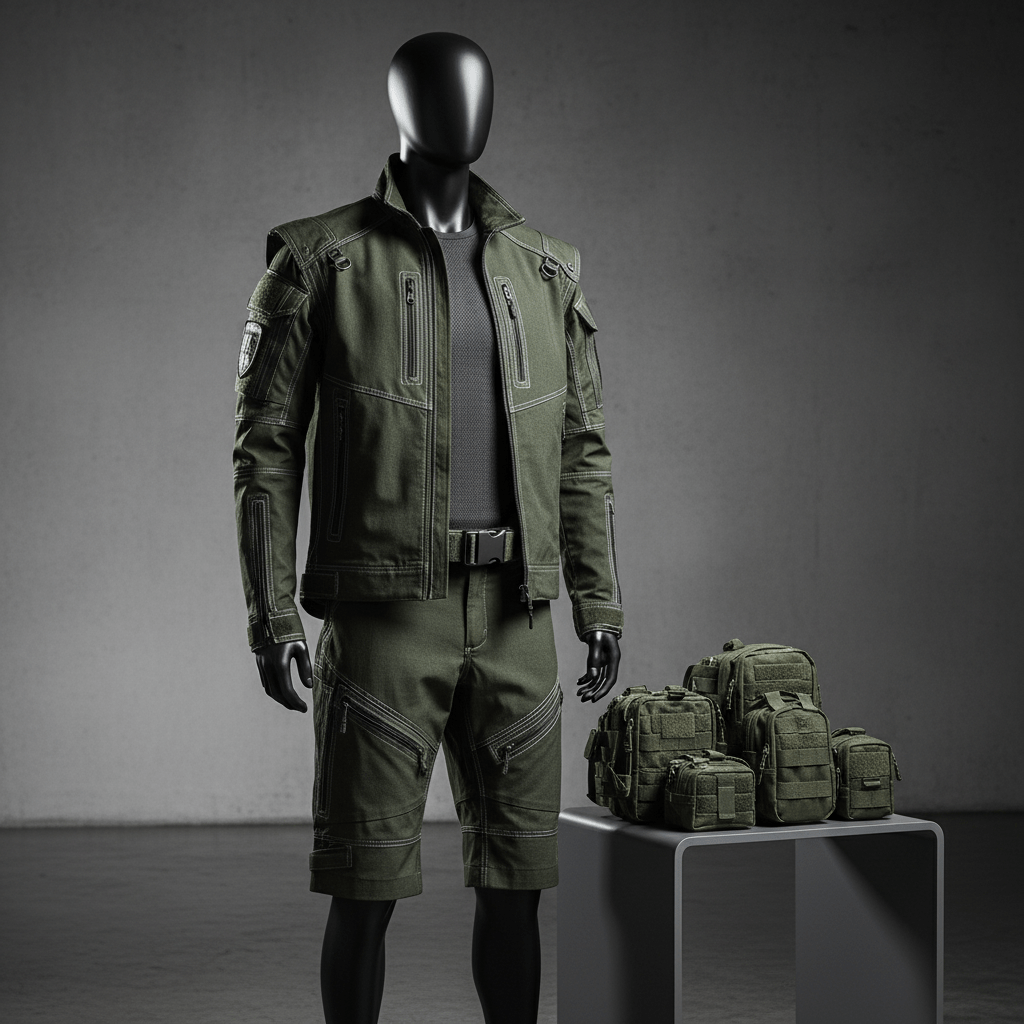 Advanced techwear combat uniform with zip-off components and modular pouches.