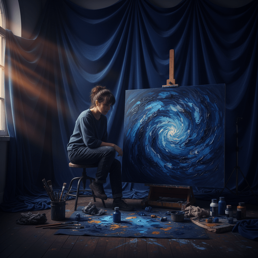 Solitary painter in dimly lit studio before abstract blue canvas, velvet walls.