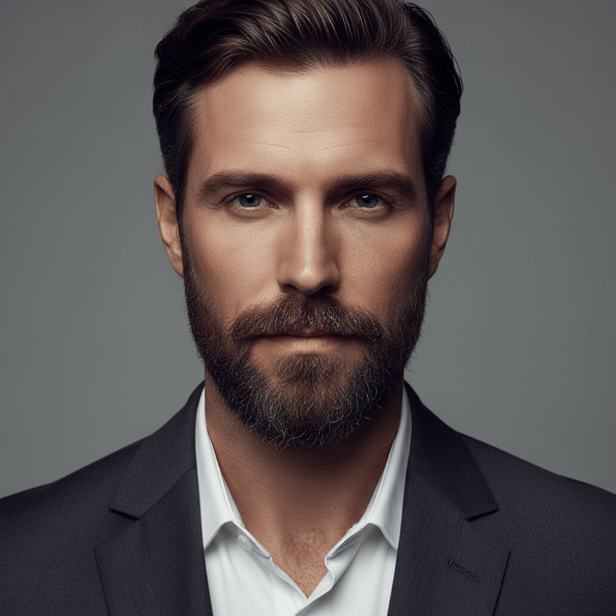 Man with minimalist glitter beard accent and sleek facial hair in a charcoal suit.