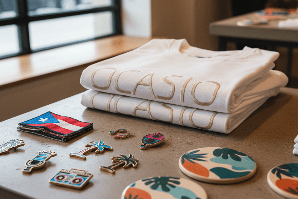 Medium shot of white shirts, Puerto Rican flag patches, and reggaeton-themed pins on a retail display table under natural and ambient lighting