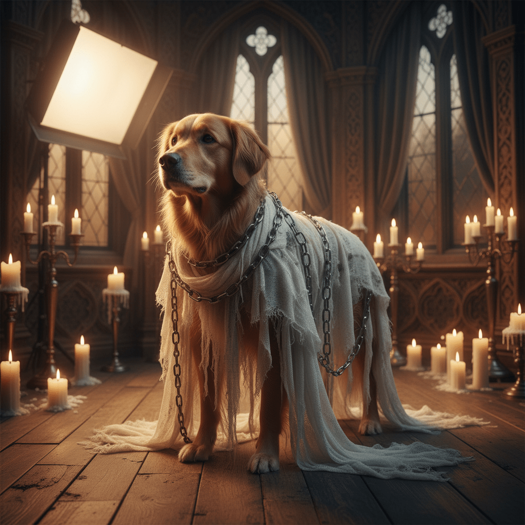 Dog in a tattered ghost costume in a candlelit gothic interior with dramatic lighting.
