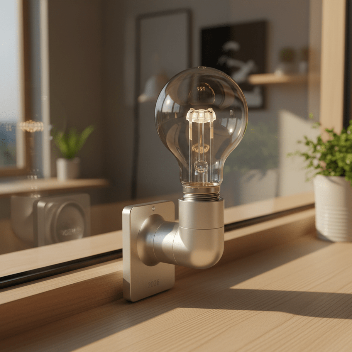 Solar LED bulb detaching from outdoor charging socket on sunlit windowsill, brushed aluminum.