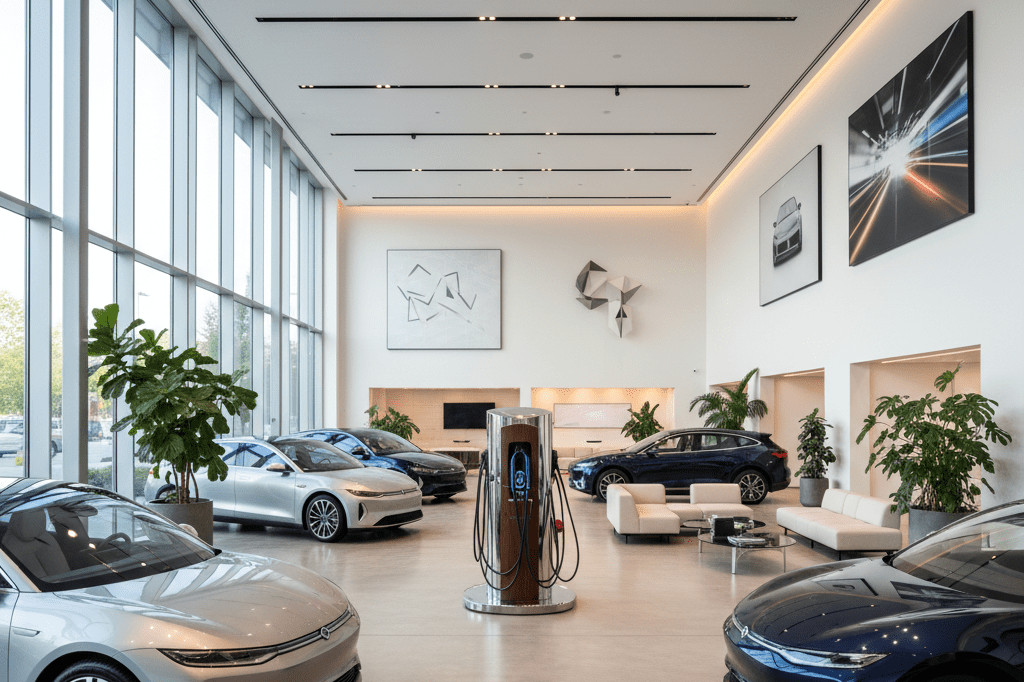 Wide shot of a sleek EV showroom featuring cars, charging station, and stylish interior design under natural light