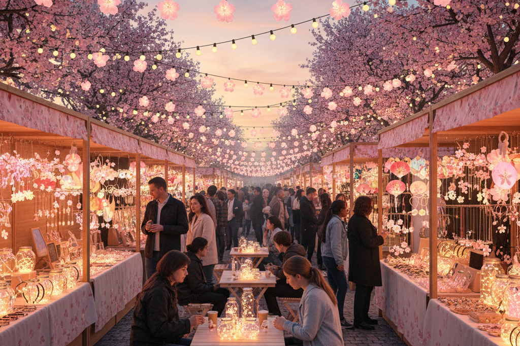 Wide shot of an evening cherry blossom festival market showcasing illuminated products and seasonal merchandise under ambient lighting