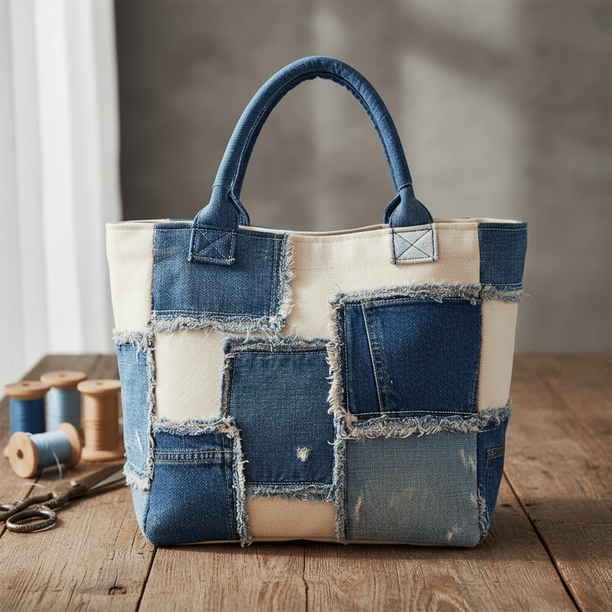 White canvas bag with recycled denim patchwork, frayed edges, and contrast stitching on wood.