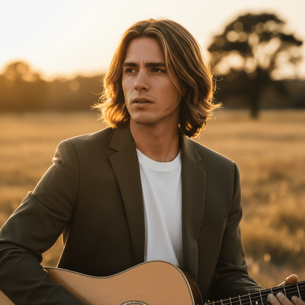 Male musician with mid-length layered flow hairstyle at golden hour.