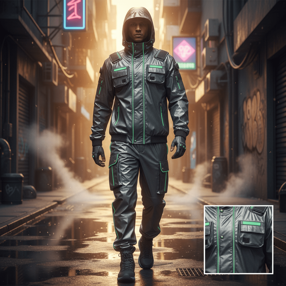 Figure in metallic tactical jacket navigates neon-lit urban alley at golden hour.