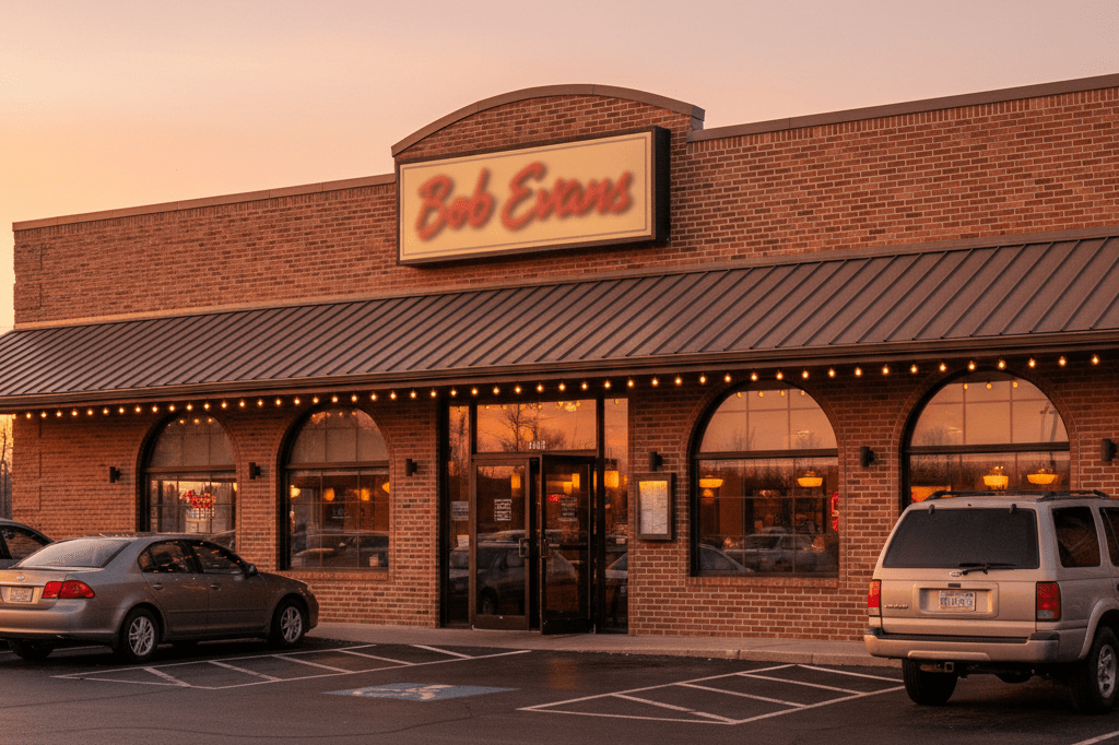 Medium shot of a brick family dining restaurant exterior at sunset, warm lights glowing from windows and awning, no people visible