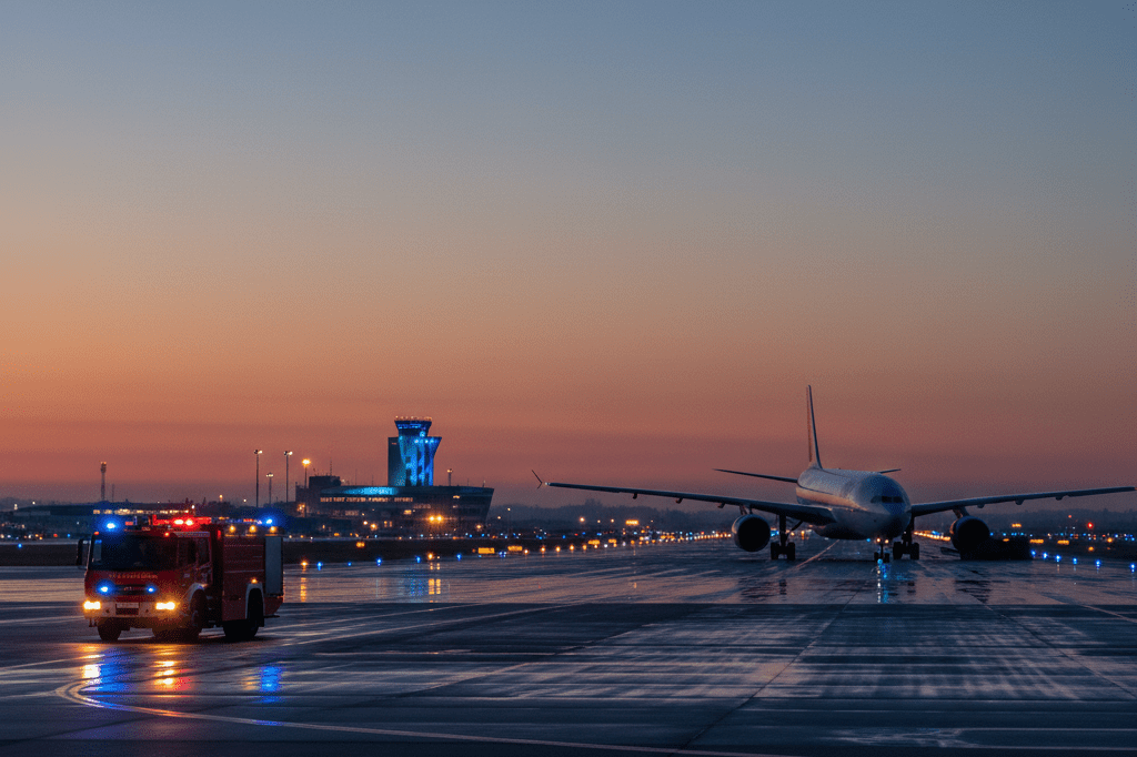 Airport Runway Emergency Vehicles Under Artificial Lighting Wide shot of airport runway with emergency vehicle and aircraft under artificial lighting, emphasizing transportation safety gaps.
