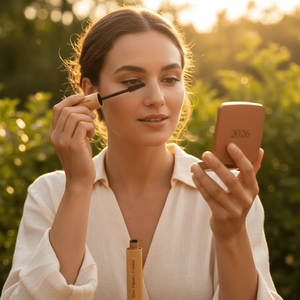 Model applies plant-based mascara with visible biodegradable fibers in golden hour light.
