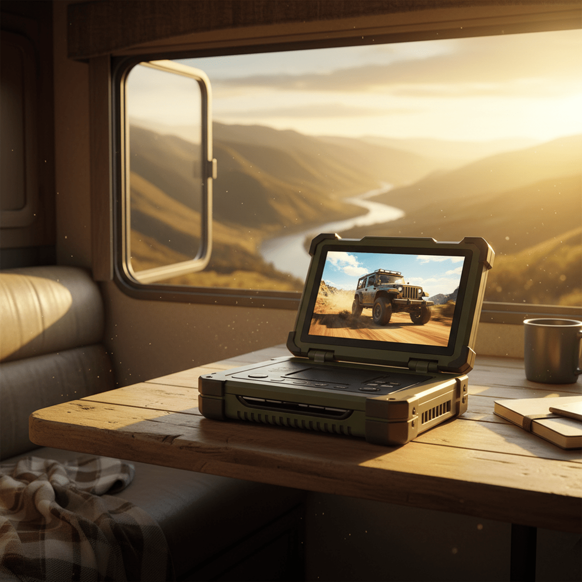 Rugged portable DVD player on a table inside a sunlit RV, showing a scenic view.