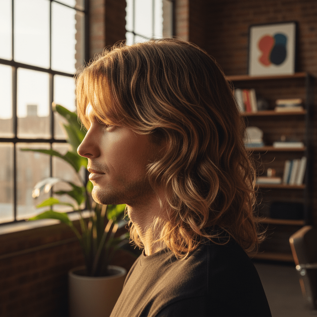 Men's soft tech mullet haircut with feathered fringe and long waves in golden hour light.