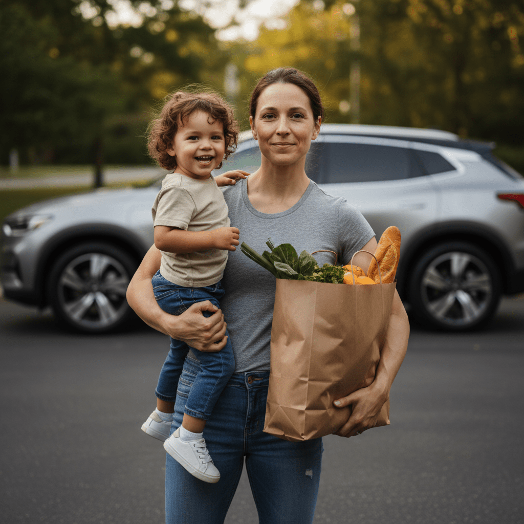 Mother calmly carries toddler and groceries on driveway, muscles defined by lighting.