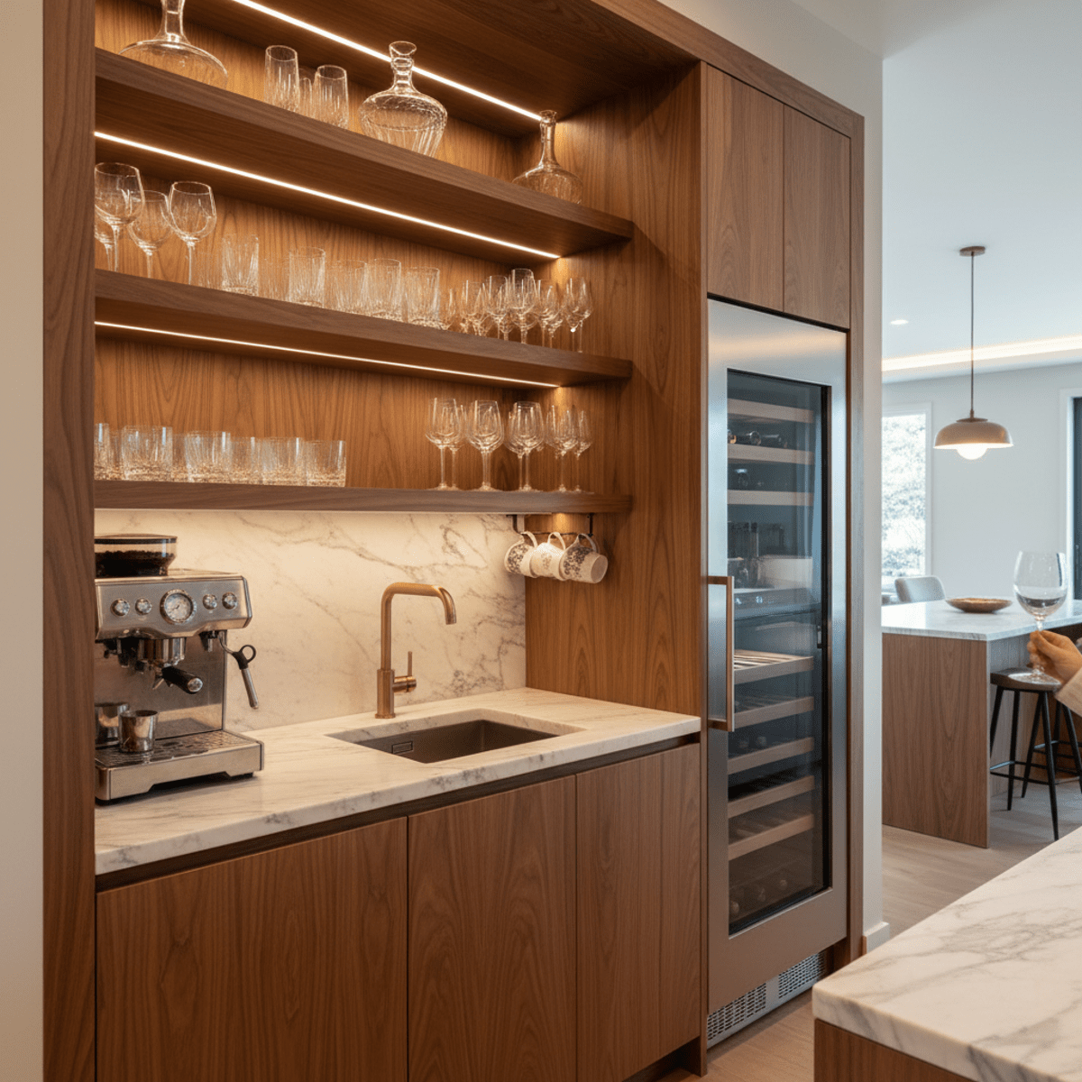 Luxury kitchen beverage bar with espresso machine, wine fridge, and marble.