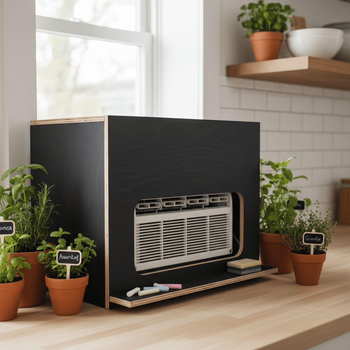 Concealed AC unit with kitchen herbs. Sleek black chalkboard AC enclosure with herbs in a modern kitchen.