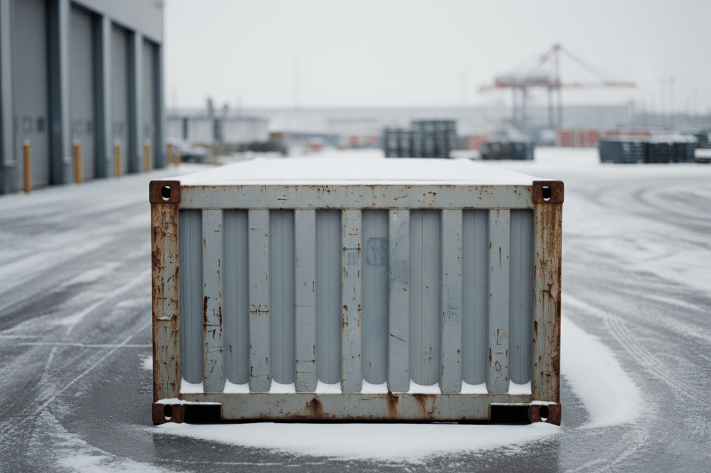 Medium shot of a weathered shipping container covered in light snow on an icy loading dock under overcast winter skies