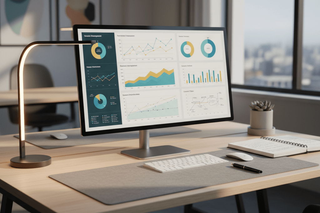 Desk with analytics graphs, notebook, and office supplies under natural and ambient lighting, emphasizing precision in marketing strategy