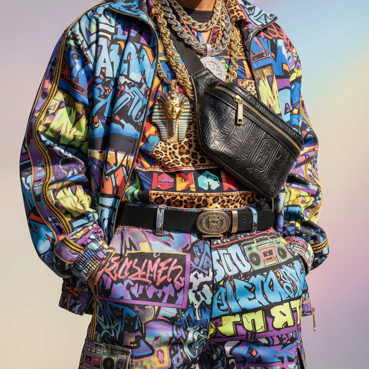 Close-up of 80s hip hop fashion reinterpretation with layered streetwear and graphic prints.